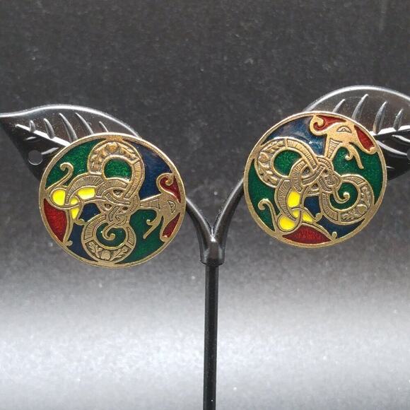 Vintage Celtic Design Miracle Brooch Pendant & Earrings Set Enamel Dragon - Picture 5 of 8